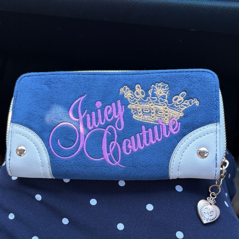 Juicy Couture Navy Suede Wallet with Pink Embroidered Logo and Cream Accents